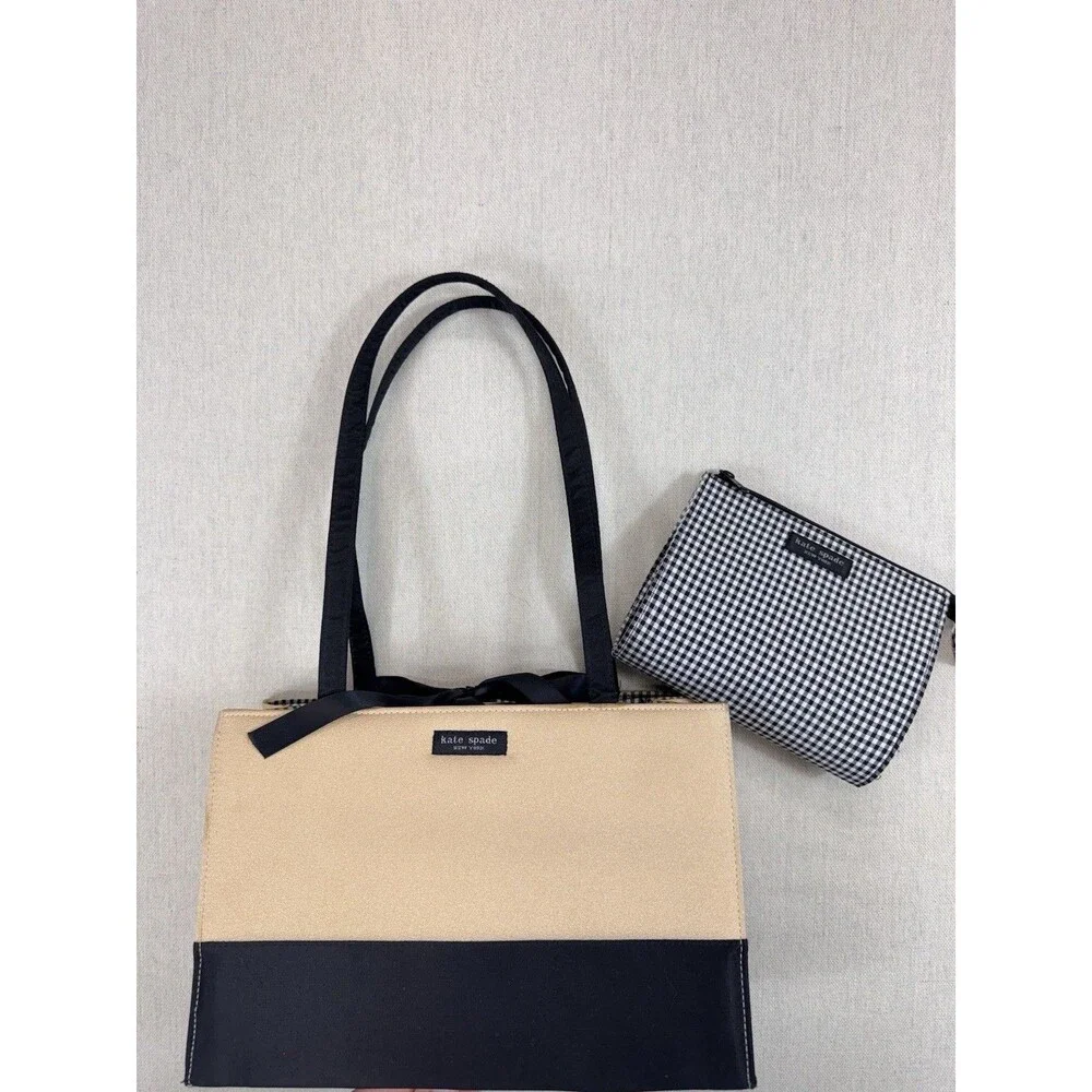 Kate Spade New York Gold Black Tote Bag & Gingham Zip Pouch Bow Canvas Large